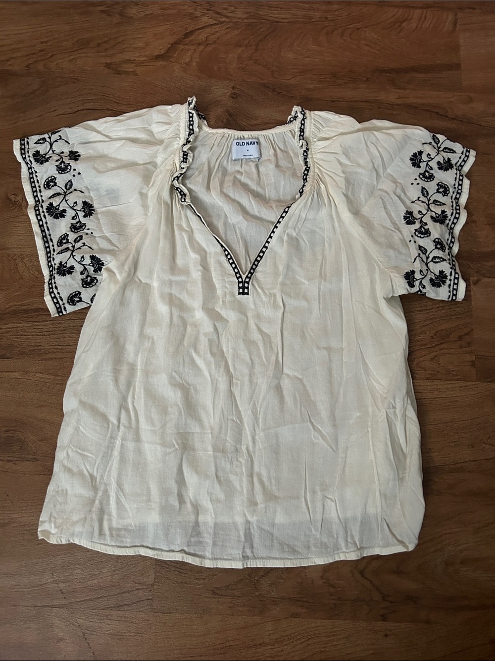 Old Navy Cream Peasant Blouse with Black Floral Embroidery
